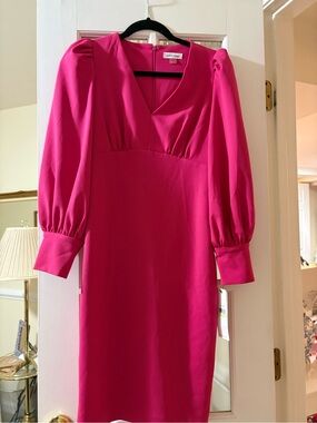 Calvin Klein Hot Pink V-Neck Puff Sleeve Midi Dress